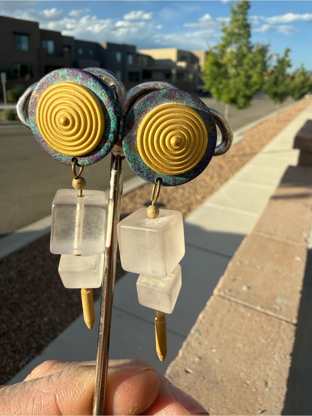 Signed Alexiska Vintage Mixed-Media Dangle Earrings — Iridescent Patina Disc